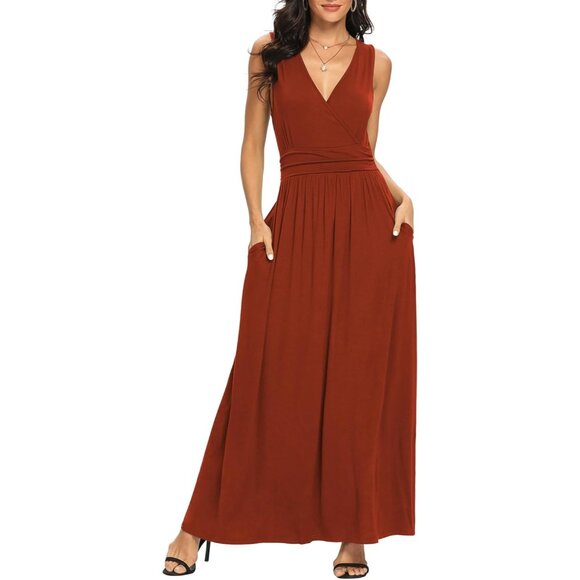 Women Caramel Deep V Neck Sleeveless Loose Plain Long Maxi Stretchy Dress - Picture 2 of 7